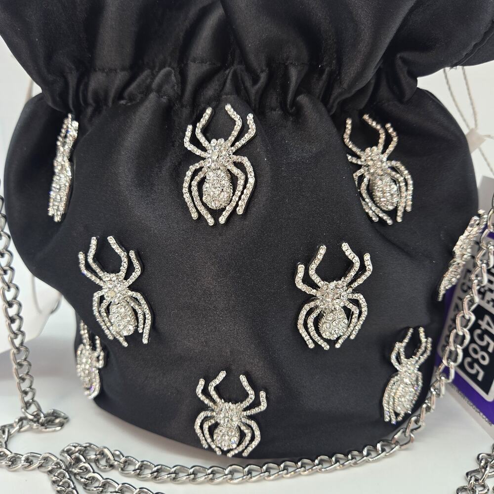 Most Wanted Spider Rhinestone Black Satin Bag NWT Chain Witchy Goth Emo Steampun